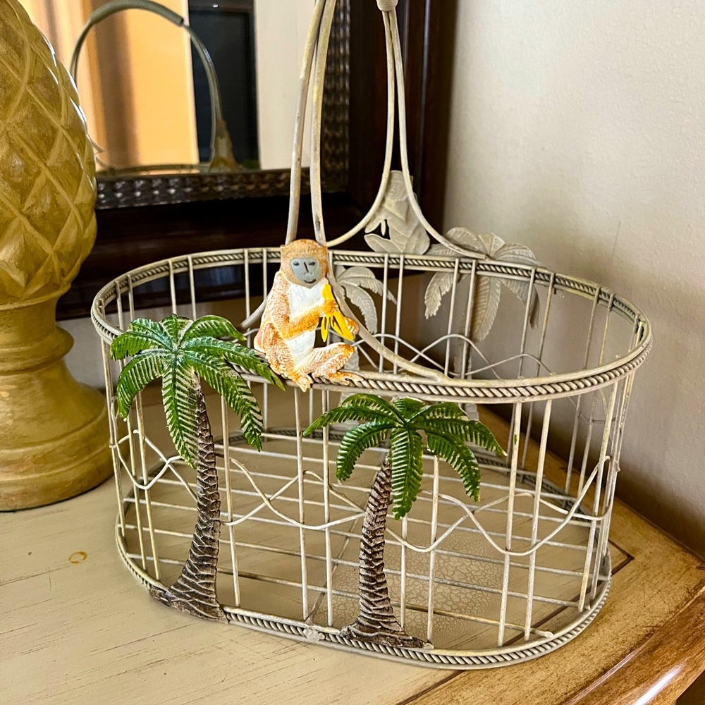 Large Tropical Palm Tree Wire Basket with Monkey Accent